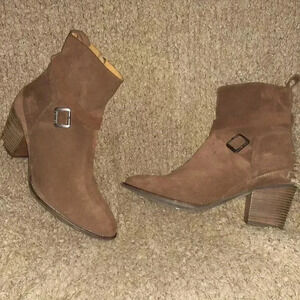 HUNTER-Refined Brown Suede-Side Zip Booties-Criss Cross Buckle-Sz 10-Excellent
